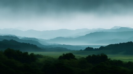 A serene landscape with layered mountains and a moody sky, showcasing various shades of green and blue, evoking tranquility and natural beauty.