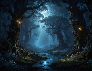Naklejka premium A mystical forest with a stream, glowing mushrooms, and a moonlit atmosphere