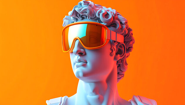 Classical white marble statue head wearing orange ski goggles on a bright orange background creative 3d illustration concept of modern art and fashion