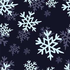 Seamless repeating pattern featuring snowflakes on a navy blue background. This winter-themed vector pattern is ideal for fabric, textile design, wallpaper, wrapping paper, packaging, backgrounds, sta