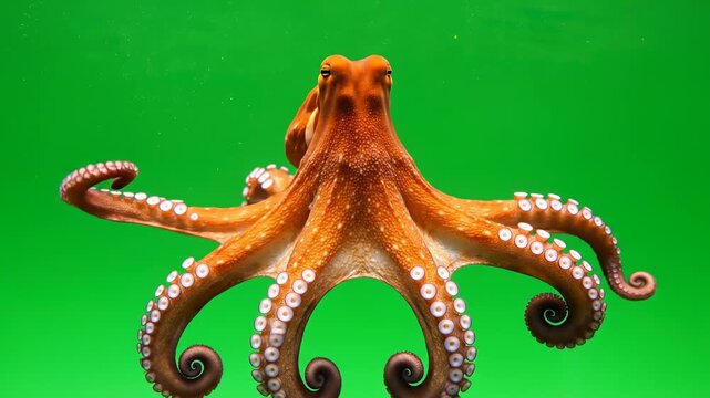 Isolated green screen footage of a pulsating orange octopus hovering and slowly unfurling its detailed tentacles in clear mid-water for visual effects compositing mystery, life, ocean