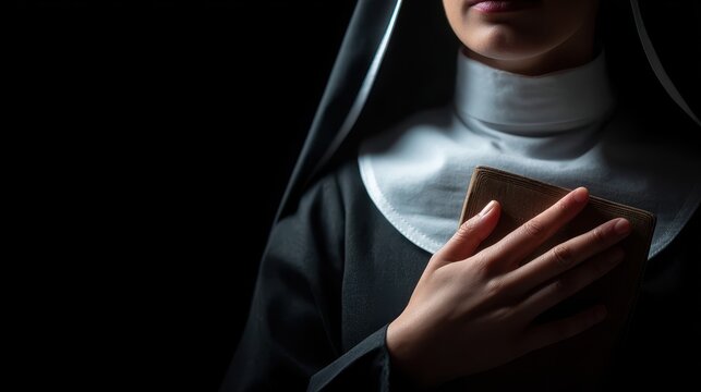 Nuns hands holding a Bible to his chest set against a dark backdrop
