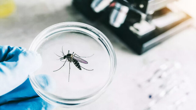 Scientist studying mosquito in petri dish examining insect vector for disease research and global health