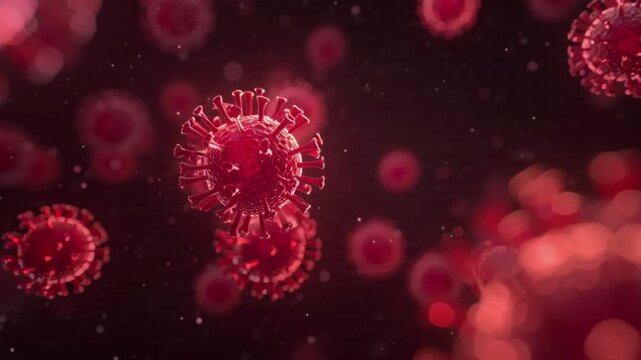 Microscopic Nipah virus particles animated, medical research visualization, epidemic prevention concept, virus study, laboratory healthcare project.