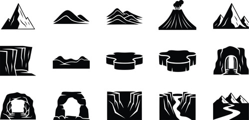 A collection of black silhouette icons representing various landforms and terrain features