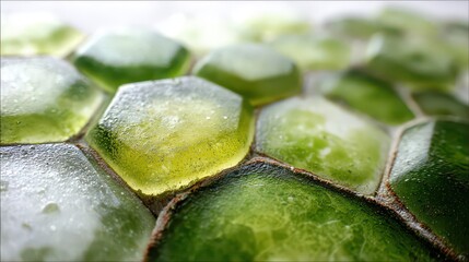 Green and White Hexagonal Glass Tiles with Glimmering Edges Close Up
