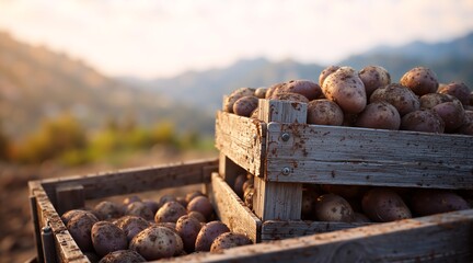 Freshly harvested potatoes in rustic wooden crates. Organic vegetable crop on a farm at sunset. Agriculture and farming concept with copy space