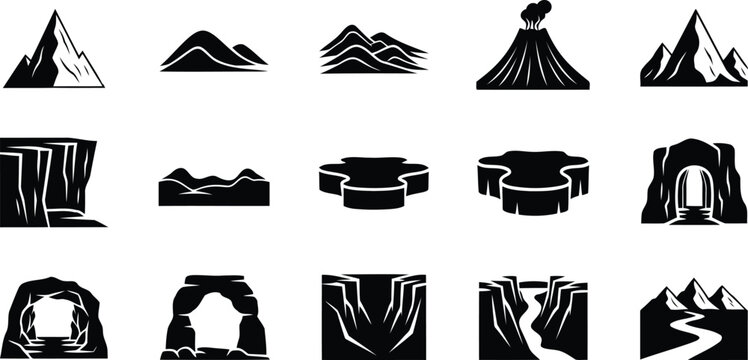 A collection of black silhouette icons representing various landforms and terrain features
