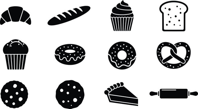 Collection of black and white icons for bakery products and baking equipment