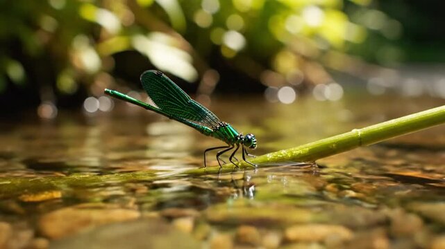 Emerald dragonfly perches on a plant stalk in a shallow stream, glistening water and green background