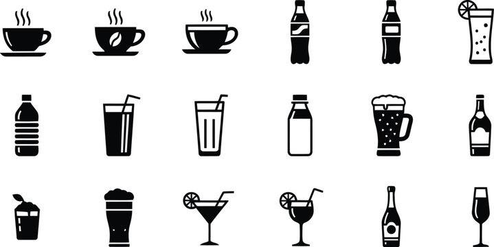 A set of black and white icons for different types of drinks and beverages
