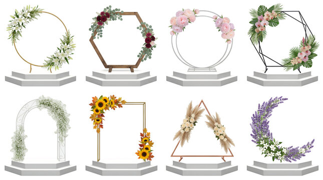 Floral wedding arch set including circular, hexagonal, rectangular, and triangular frames isolated. Event decoration and ceremony backdrop collection.