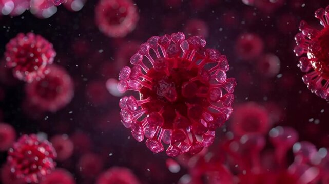 Close-up animation of Nipah virus particles, medical science concept, microscopic virus study, epidemic research, laboratory healthcare visualization.