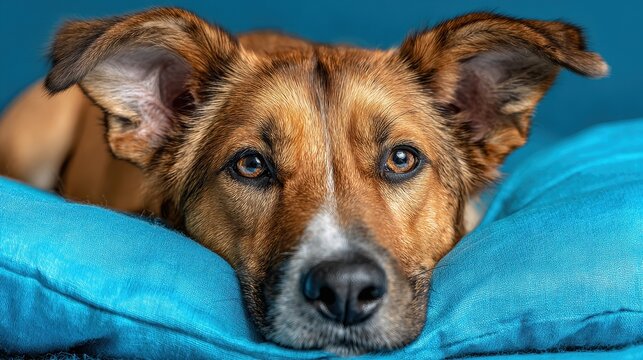 Image of a mixed breed dog resting its head on a blue pillow featuring space for text