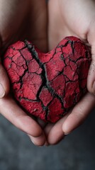 Cracked Clay Heart Held Hands Red Symbol Beauty Strength Imperfection