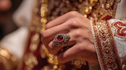 Priest s hand adorned with a red ruby ring while blessing worshippers during a ceremony