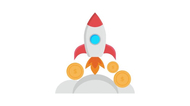 A rocket ascends, releasing a shower of coins, representing financial success and growth.