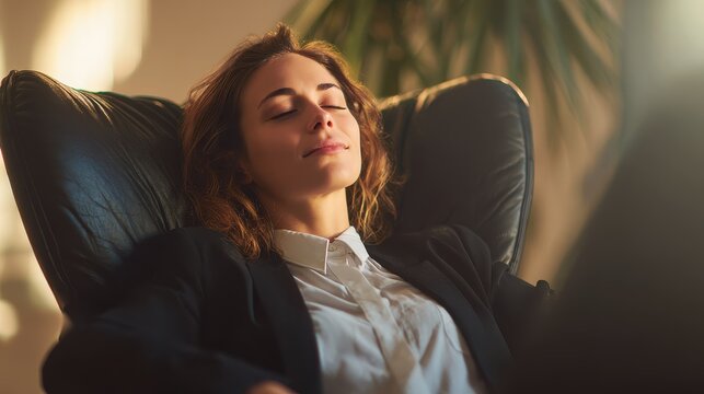 Tranquil businesswoman unwinds in a cozy massage chair after work An American takes a calming break for relaxation and stress relief