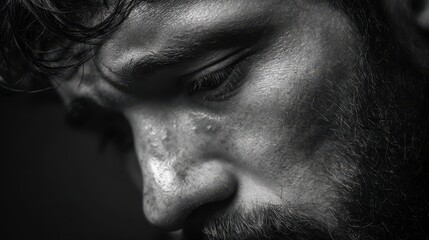 Obraz premium Melancholic young man in his 30s experiencing emotional distress captured in a somber black and white close up