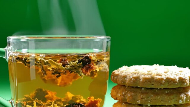 Isolated green screen shot of a hot steaming glass mug filled with herbal infusion tea sitting next to a stack of three plain golden shortbread cookies ready for compositing ready, stack, marketing