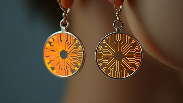 materialization. Elegant minimalist earrings with glowing embedded circuit pattern, fusion of fashion and technology. symbolizing technological progress and responsible innovation.