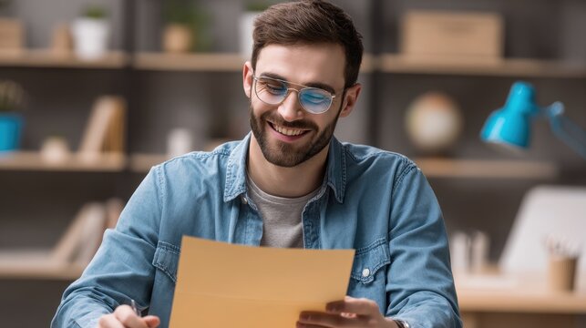 Joyful young man reading a promotional letter in an office symbolizing success loan acceptance and career advancement