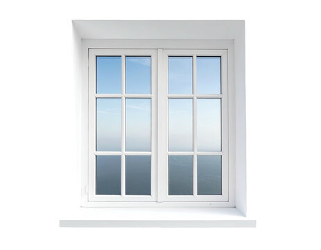 A white framed window with multiple panes overlooks a soft-focus vista of sky and sea