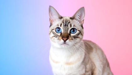 Obraz premium A cat with blue eyes and brown markings sits against a pink and blue gradient