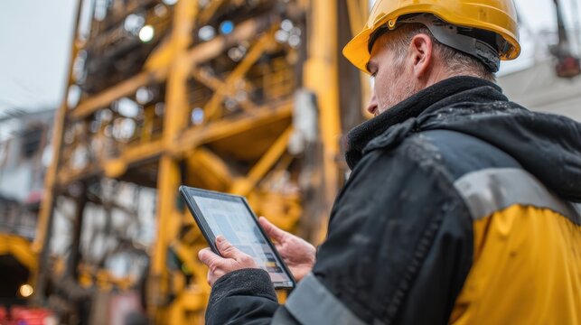 Industry workers use tablets to control drilling rigs for explosives in open pit coal mineral and marble mining