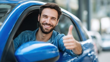 Joyful young man giving a thumbs up from the window of a blue car in a parking lot pleased with his new vehicle
