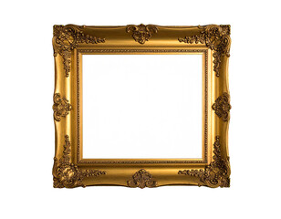 Ornate rectangular gilded frame with intricate detailing and empty white center, isolated