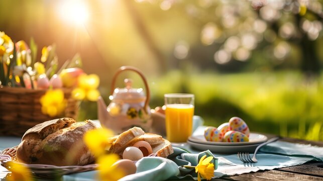 Osterfr&uuml;hst&uuml;ck im Garten mit frischem Saft, Geb&auml;ck und Fr&uuml;hlingsblumen

