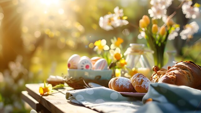 Gem&uuml;tliches Osterfr&uuml;hst&uuml;ck mit Ostereiern und Blumen im warmen Morgenlicht
