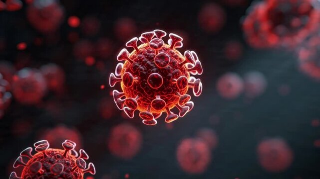 3D animated Nipah virus particles under microscope, medical science concept, laboratory research, epidemic study, healthcare visualization.