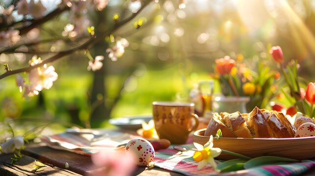 Fr&uuml;hlingshaftes Osterfr&uuml;hst&uuml;ck im Garten mit Blumen, Geb&auml;ck und warmem Sonnenlicht
