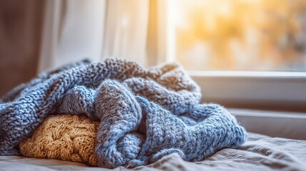 Pile of Cozy Blue and Beige Knitwear Blanket on a Gray Bed Near a Window with Soft Natural Light and Blurred Autumn Foliage Background Creates Warm and Relaxing Ambiance