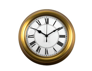 Golden-rimmed wall clock against a black background, Roman numerals, hands at the ten-past-two position