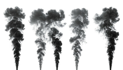 Four vertical columns of billowing, grayscale smoke rising against a solid black background