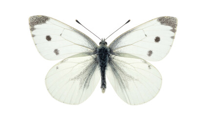 Overhead view of a white insect with black spots and intricate wing patterns against black