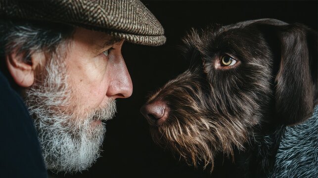 Human and dog in front of each other canine pet care German Wirehaired Pointer