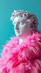 Fototapeta premium Classical white sculpture head wearing a fluffy pink feather boa scarf on a blue background concept of fashion party and cabaret style