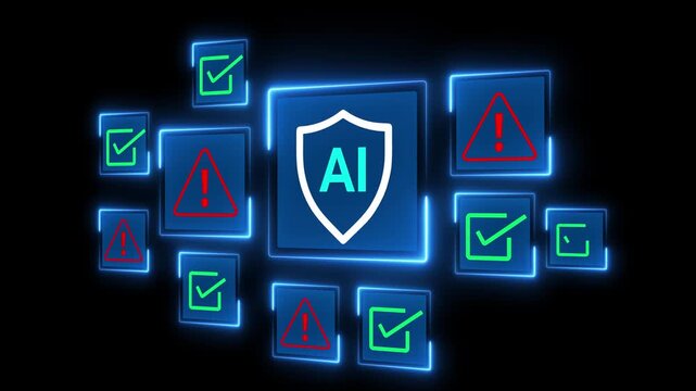 AI Safety and Ethics Concept on the black background. Ethical guidelines and safety protocols in artificial intelligence systems. Motion graphics of  security warning signs, and checkmarks. 4k video.