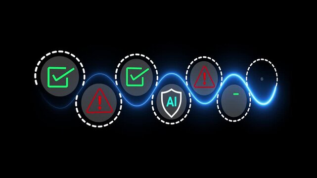 AI Safety and Ethics Concept on the black background. Ethical guidelines and safety protocols in artificial intelligence systems. Motion graphics of  security warning signs, and checkmarks. 4k video.