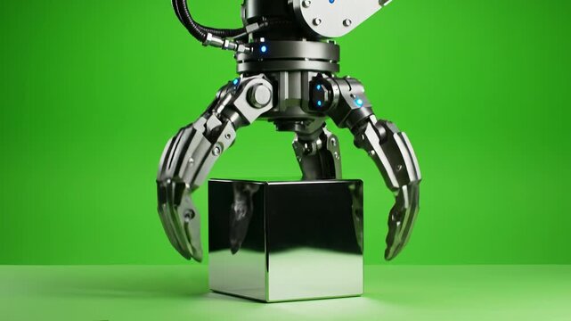 Robotic Arm with Cube: An advanced robotic arm carefully grips a reflective cube against a vibrant green backdrop, showcasing modern technology.