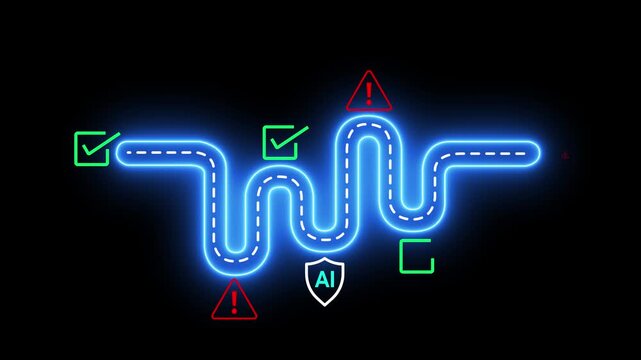 AI Safety and Ethics Concept on the black background. Ethical guidelines and safety protocols in artificial intelligence systems. Motion graphics of  security warning signs, and checkmarks. 4k video.