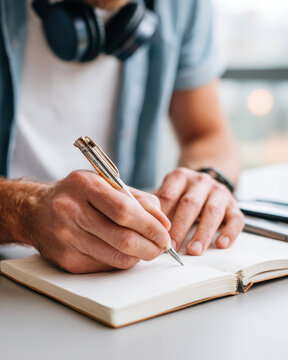 Person writing in notebook with headphones
