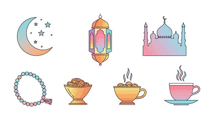 Ramadan Icons: A set of symbolic illustrations, featuring a crescent moon, traditional lantern, mosque silhouette, prayer beads, dates in a bowl, a cup of coffee. representing the essence of Ramadan.