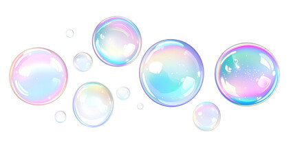 Group of iridescent bubbles of varying sizes against a black backdrop, floating freely