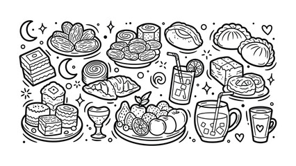 Obraz premium A Variety of Foods & Drinks: A delightful array of diverse culinary creations, including pastries, refreshing drinks, and an assortment of fruits are elegantly displayed.