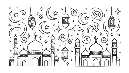 Fototapeta premium Mosque and festive illustration: An elegant illustration of mosques, crescent moons, lanterns, stars and cloud. evokes a sense of serenity and celebration.